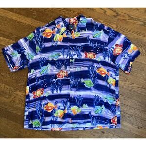 Jams World Shirt Men’s XL Blue Animal Print Fishes Hawaiian Vintage Art Aloha